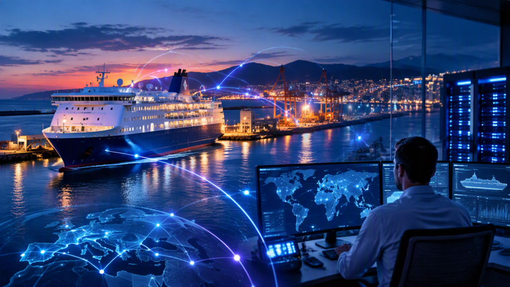 Ferry en puerto conectado a un centro de operaciones IT durante la integración de infraestructuras